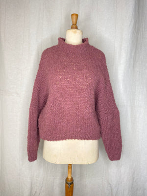 Alpaca Batwing Crew Neck Hand Knit Sweater - Faded Raspberry