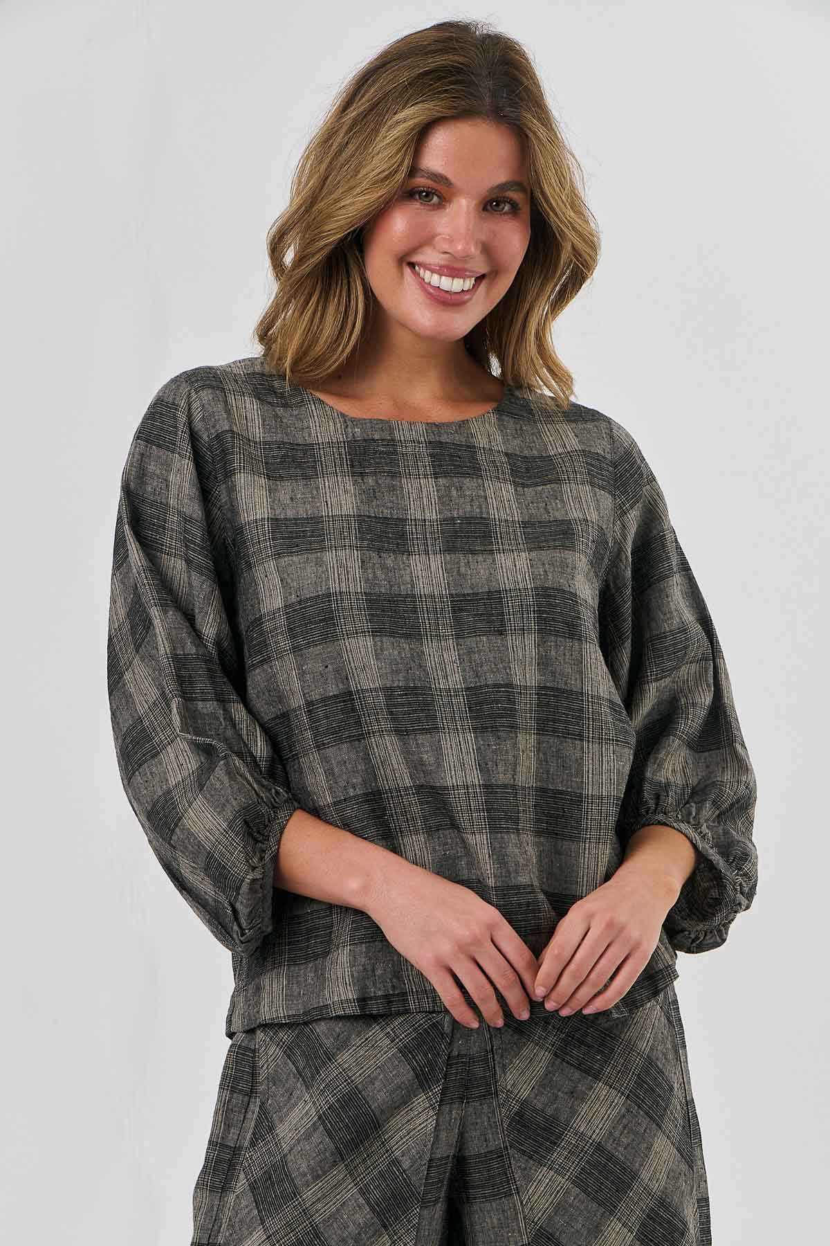 Alice Linen Top - Mesh Check