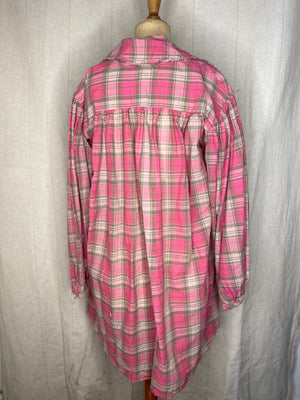 Linen/Cotton Pintuck Shirt w Collar - Pink Checks