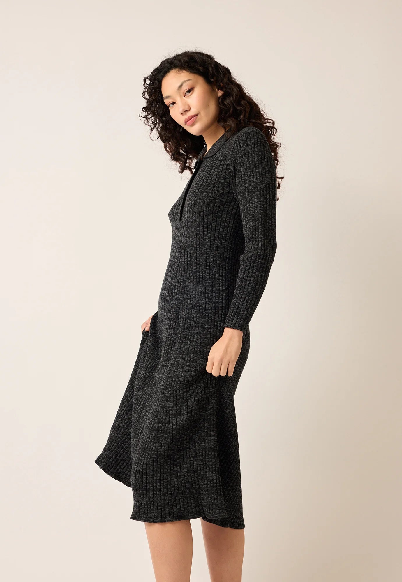 Simona Long Sleeve Rib Dress - Black Melange